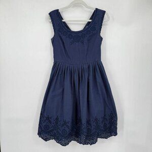 Women's Boden Cotton Eyelet Trim Cap Sleeve Navy Blue Dress 4